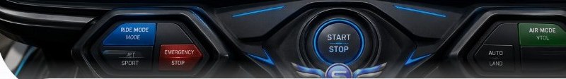 SOLESFLY cockpit control row: ride mode, emergency stop, start and stop, air mode VTOL and auto land